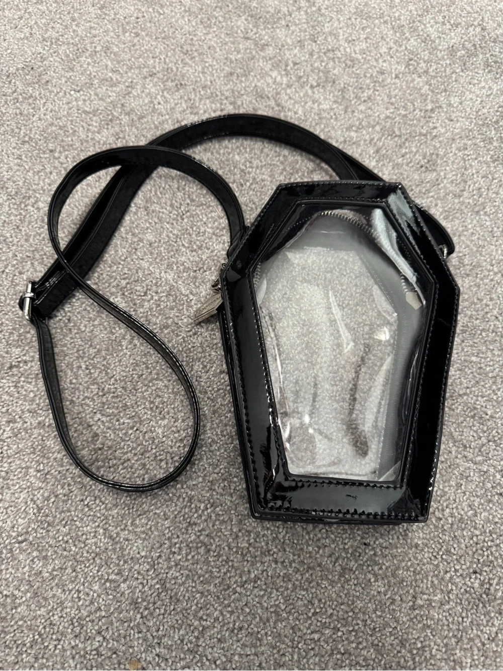 Foxblood Clear Black Patent Coffin Charm Crossbody Bag Backpack Purse - Picture 3 of 5